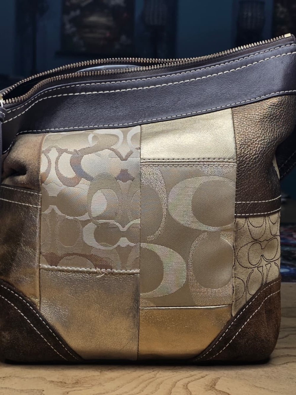 Coach VINTAGE Patchwork Signature Tote Bag in Metallic Brown